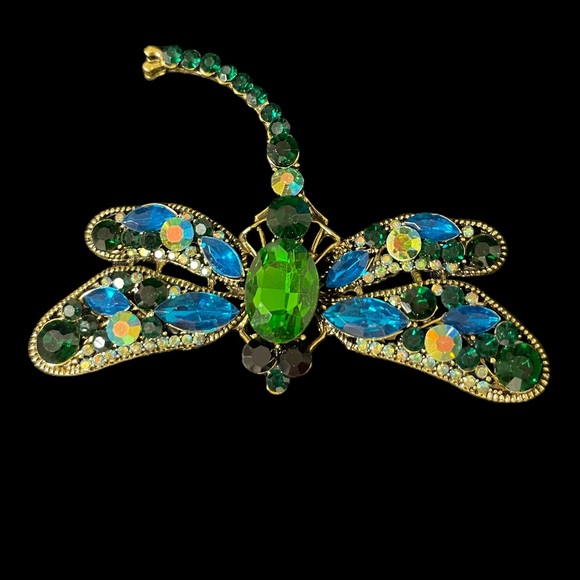 Large Bejeweled Dragonfly Brooch Gold Base with Blue and Green Rhinestones - Picture 2 of 5